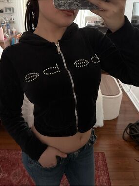 bebe Black Cropped Hoodie with Rhinestone Accents